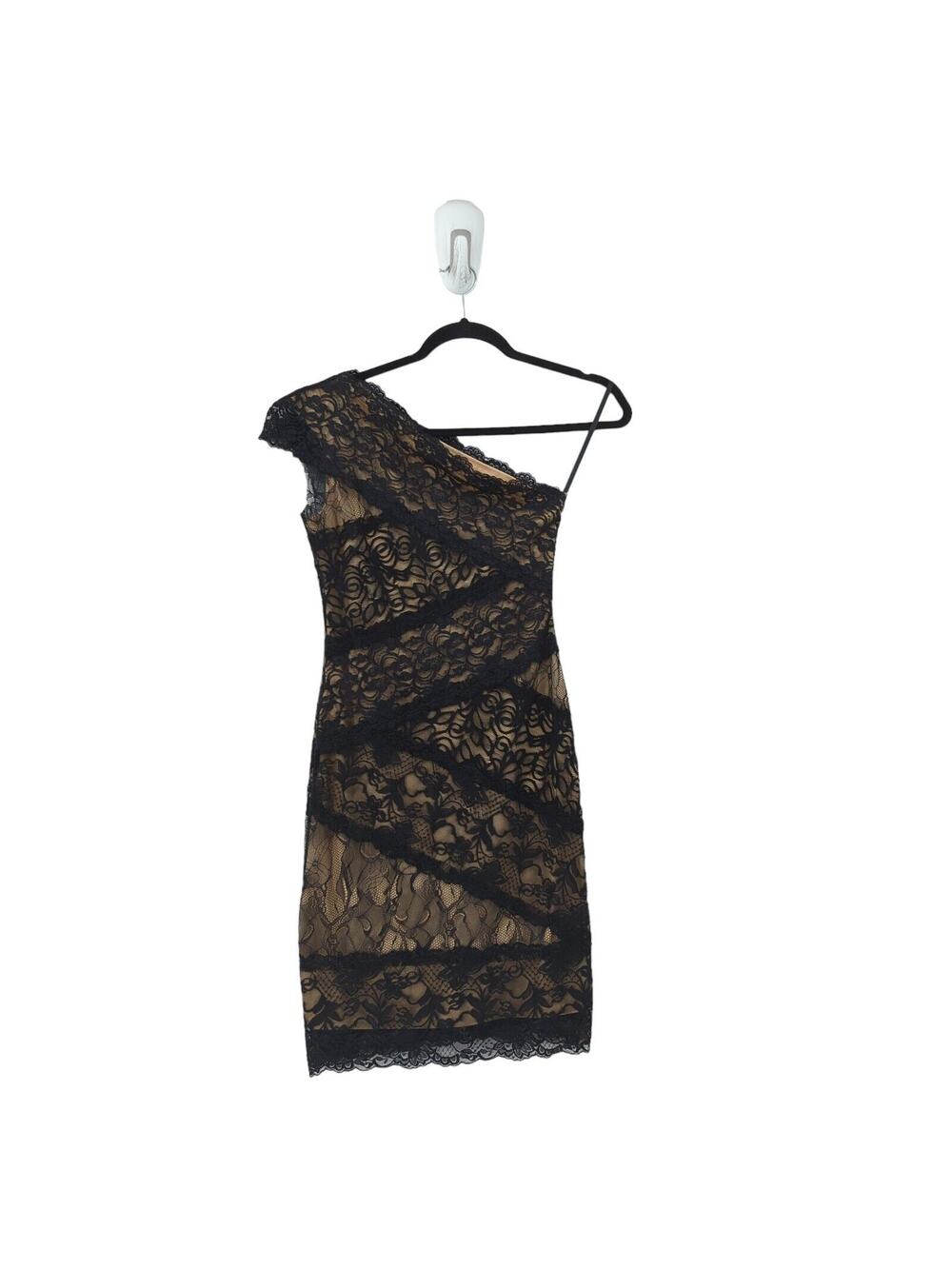 Bebe Women S Dress Black Nude Brown One Shoulder Bodycon Bandage Lined Lace